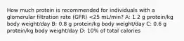 How much protein is recommended for individuals with a glomerular filtration rate (GFR) <25 mL/min? A: 1.2 g protein/kg body weight/day B: 0.8 g protein/kg body weight/day C: 0.6 g protein/kg body weight/day D: 10% of total calories