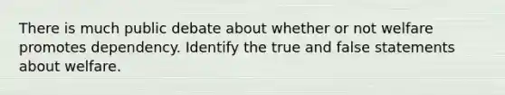 There is much public debate about whether or not welfare promotes dependency. Identify the true and false statements about welfare.