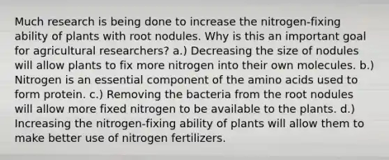 Much research is being done to increase the nitrogen-fixing ability of plants with root nodules. Why is this an important goal for agricultural researchers? a.) Decreasing the size of nodules will allow plants to fix more nitrogen into their own molecules. b.) Nitrogen is an essential component of the <a href='https://www.questionai.com/knowledge/k9gb720LCl-amino-acids' class='anchor-knowledge'>amino acids</a> used to form protein. c.) Removing the bacteria from the root nodules will allow more fixed nitrogen to be available to the plants. d.) Increasing the nitrogen-fixing ability of plants will allow them to make better use of nitrogen fertilizers.