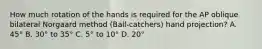 How much rotation of the hands is required for the AP oblique bilateral Norgaard method (Ball-catchers) hand projection? A. 45° B. 30° to 35° C. 5° to 10° D. 20°