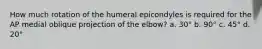 How much rotation of the humeral epicondyles is required for the AP medial oblique projection of the elbow? a. 30° b. 90° c. 45° d. 20°