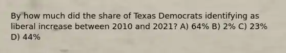 By how much did the share of Texas Democrats identifying as liberal increase between 2010 and 2021? A) 64% B) 2% C) 23% D) 44%