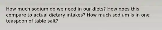 How much sodium do we need in our diets? How does this compare to actual dietary intakes? How much sodium is in one teaspoon of table salt?