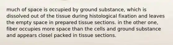 much of space is occupied by ground substance, which is dissolved out of the tissue during histological fixation and leaves the empty space in prepared tissue sections. in the other one, fiber occupies more space than the cells and ground substance and appears closel packed in tissue sections.