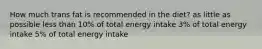 How much trans fat is recommended in the diet? as little as possible less than 10% of total energy intake 3% of total energy intake 5% of total energy intake