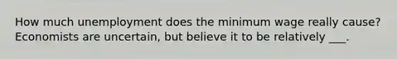 How much unemployment does the minimum wage really cause?Economists are uncertain, but believe it to be relatively ___.