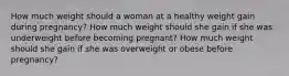 How much weight should a woman at a healthy weight gain during pregnancy? How much weight should she gain if she was underweight before becoming pregnant? How much weight should she gain if she was overweight or obese before pregnancy?