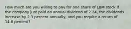 How much are you willing to pay for one share of LBM stock if the company just paid an annual dividend of 2.24, the dividends increase by 2.3 percent annually, and you require a return of 14.8 percent?