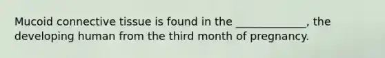 Mucoid <a href='https://www.questionai.com/knowledge/kYDr0DHyc8-connective-tissue' class='anchor-knowledge'>connective tissue</a> is found in the _____________, the developing human from the third month of pregnancy.