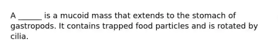 A ______ is a mucoid mass that extends to <a href='https://www.questionai.com/knowledge/kLccSGjkt8-the-stomach' class='anchor-knowledge'>the stomach</a> of gastropods. It contains trapped food particles and is rotated by cilia.