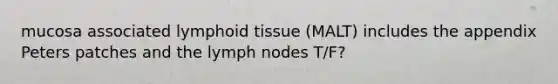 mucosa associated lymphoid tissue (MALT) includes the appendix Peters patches and the lymph nodes T/F?