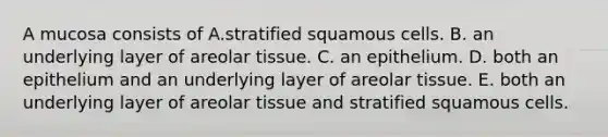 A mucosa consists of A.stratified squamous cells. B. an underlying layer of areolar tissue. C. an epithelium. D. both an epithelium and an underlying layer of areolar tissue. E. both an underlying layer of areolar tissue and stratified squamous cells.