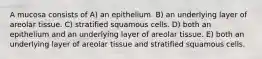 A mucosa consists of A) an epithelium. B) an underlying layer of areolar tissue. C) stratified squamous cells. D) both an epithelium and an underlying layer of areolar tissue. E) both an underlying layer of areolar tissue and stratified squamous cells.