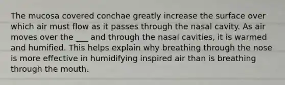 The mucosa covered conchae greatly increase the surface over which air must flow as it passes through the nasal cavity. As air moves over the ___ and through the nasal cavities, it is warmed and humified. This helps explain why breathing through the nose is more effective in humidifying inspired air than is breathing through the mouth.