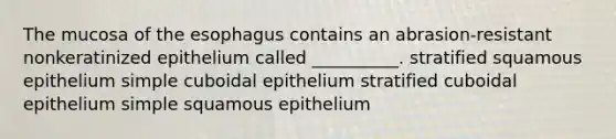 The mucosa of the esophagus contains an abrasion-resistant nonkeratinized epithelium called __________. stratified squamous epithelium simple cuboidal epithelium stratified cuboidal epithelium simple squamous epithelium