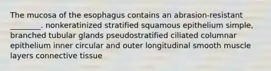 The mucosa of <a href='https://www.questionai.com/knowledge/kSjVhaa9qF-the-esophagus' class='anchor-knowledge'>the esophagus</a> contains an abrasion-resistant ________. nonkeratinized stratified squamous epithelium simple, branched tubular glands pseudostratified ciliated columnar epithelium inner circular and outer longitudinal smooth muscle layers <a href='https://www.questionai.com/knowledge/kYDr0DHyc8-connective-tissue' class='anchor-knowledge'>connective tissue</a>