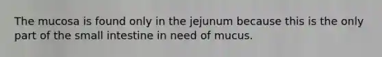 The mucosa is found only in the jejunum because this is the only part of the small intestine in need of mucus.