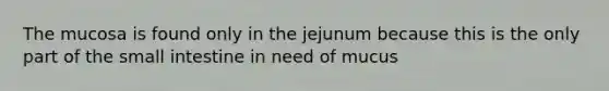 The mucosa is found only in the jejunum because this is the only part of the small intestine in need of mucus