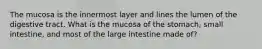 The mucosa is the innermost layer and lines the lumen of the digestive tract. What is the mucosa of the stomach, small intestine, and most of the large intestine made of?