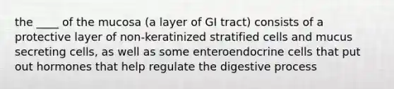 the ____ of the mucosa (a layer of GI tract) consists of a protective layer of non-keratinized stratified cells and mucus secreting cells, as well as some enteroendocrine cells that put out hormones that help regulate the digestive process