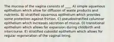 The mucosa of the vagina consists of ____ A) simple squamous epithelium which allow for diffusion of waste products and nutrients. B) stratified squamous epithelium which provides some protection against friction. C) pseudostratified columnar epithelium which increases secretion of mucus. D) transitional epithelium which allows for expansion during childbirth and intercourse. E) stratified cuboidal epithelium which allows for regular regeneration of the vaginal lining.