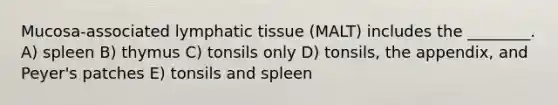 Mucosa-associated lymphatic tissue (MALT) includes the ________. A) spleen B) thymus C) tonsils only D) tonsils, the appendix, and Peyer's patches E) tonsils and spleen