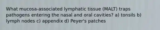 What mucosa-associated lymphatic tissue (MALT) traps pathogens entering the nasal and oral cavities? a) tonsils b) lymph nodes c) appendix d) Peyer's patches