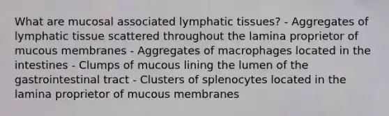 What are mucosal associated lymphatic tissues? - Aggregates of lymphatic tissue scattered throughout the lamina proprietor of mucous membranes - Aggregates of macrophages located in the intestines - Clumps of mucous lining the lumen of the gastrointestinal tract - Clusters of splenocytes located in the lamina proprietor of mucous membranes