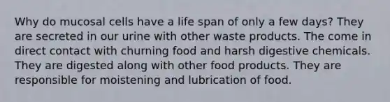 Why do mucosal cells have a life span of only a few days? They are secreted in our urine with other waste products. The come in direct contact with churning food and harsh digestive chemicals. They are digested along with other food products. They are responsible for moistening and lubrication of food.