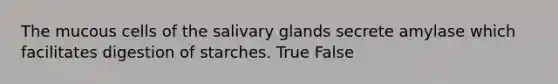 The mucous cells of the salivary glands secrete amylase which facilitates digestion of starches. True False