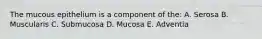 The mucous epithelium is a component of the: A. Serosa B. Muscularis C. Submucosa D. Mucosa E. Adventia