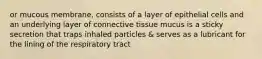 or mucous membrane, consists of a layer of epithelial cells and an underlying layer of connective tissue mucus is a sticky secretion that traps inhaled particles & serves as a lubricant for the lining of the respiratory tract