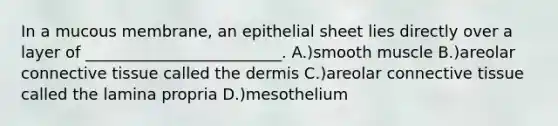 In a mucous membrane, an epithelial sheet lies directly over a layer of _________________________. A.)smooth muscle B.)areolar connective tissue called the dermis C.)areolar connective tissue called the lamina propria D.)mesothelium