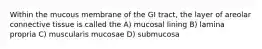 Within the mucous membrane of the GI tract, the layer of areolar connective tissue is called the A) mucosal lining B) lamina propria C) muscularis mucosae D) submucosa