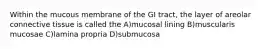 Within the mucous membrane of the GI tract, the layer of areolar connective tissue is called the A)mucosal lining B)muscularis mucosae C)lamina propria D)submucosa