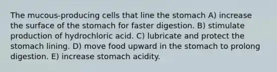 The mucous-producing cells that line the stomach A) increase the surface of the stomach for faster digestion. B) stimulate production of hydrochloric acid. C) lubricate and protect the stomach lining. D) move food upward in the stomach to prolong digestion. E) increase stomach acidity.