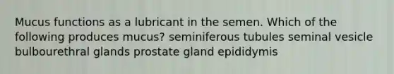 Mucus functions as a lubricant in the semen. Which of the following produces mucus? seminiferous tubules seminal vesicle bulbourethral glands prostate gland epididymis