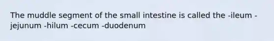 The muddle segment of <a href='https://www.questionai.com/knowledge/kt623fh5xn-the-small-intestine' class='anchor-knowledge'>the small intestine</a> is called the -ileum -jejunum -hilum -cecum -duodenum