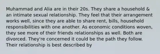 Muhammad and Alia are in their 20s. They share a household & an intimate sexual relationship. They feel that their arrangement works well, since they are able to share rent, bills, household responsibilities with one another. As economic conditions woven, they see more of their friends relationships as well. Both are divorced. They're concerned it could be the path they follow. Their relationship is best described by