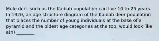 Mule deer such as the Kaibab population can live 10 to 25 years. In 1920, an age structure diagram of the Kaibab deer population that places the number of young individuals at the base of a pyramid and the oldest age categories at the top, would look like a(n) ________.