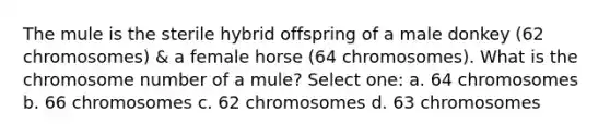 The mule is the sterile hybrid offspring of a male donkey (62 chromosomes) & a female horse (64 chromosomes). What is the chromosome number of a mule? Select one: a. 64 chromosomes b. 66 chromosomes c. 62 chromosomes d. 63 chromosomes