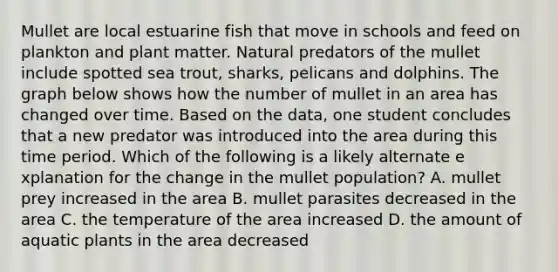 Mullet are local estuarine fish that move in schools and feed on plankton and plant matter. Natural predators of the mullet include spotted sea trout, sharks, pelicans and dolphins. The graph below shows how the number of mullet in an area has changed over time. Based on the data, one student concludes that a new predator was introduced into the area during this time period. Which of the following is a likely alternate e​xplanation for the change in the mullet population? A. mullet prey increased in the area B. mullet parasites decreased in the area C. the temperature of the area increased D. the amount of aquatic plants in the area decreased