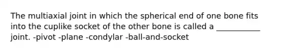 The multiaxial joint in which the spherical end of one bone fits into the cuplike socket of the other bone is called a ___________ joint. -pivot -plane -condylar -ball-and-socket