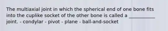 The multiaxial joint in which the spherical end of one bone fits into the cuplike socket of the other bone is called a ___________ joint. - condylar - pivot - plane - ball-and-socket