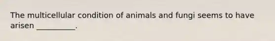 The multicellular condition of animals and fungi seems to have arisen __________.