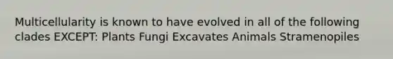 Multicellularity is known to have evolved in all of the following clades EXCEPT: Plants Fungi Excavates Animals Stramenopiles