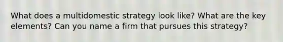 What does a multidomestic strategy look like? What are the key elements? Can you name a firm that pursues this strategy?