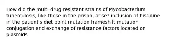 How did the multi-drug-resistant strains of Mycobacterium tuberculosis, like those in the prison, arise? inclusion of histidine in the patient's diet point mutation frameshift mutation conjugation and exchange of resistance factors located on plasmids