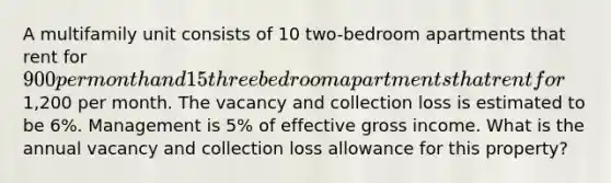 A multifamily unit consists of 10 two-bedroom apartments that rent for 900 per month and 15 three bedroom apartments that rent for1,200 per month. The vacancy and collection loss is estimated to be 6%. Management is 5% of effective gross income. What is the annual vacancy and collection loss allowance for this property?