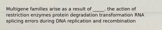 Multigene families arise as a result of _____. the action of restriction enzymes protein degradation transformation RNA splicing errors during DNA replication and recombination